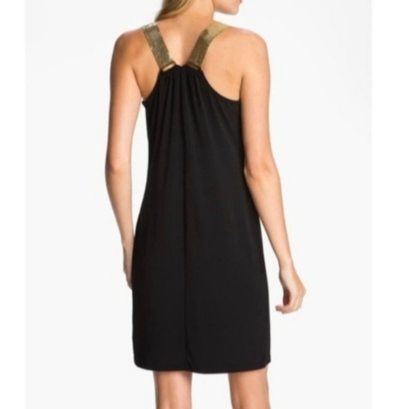 MICHAEL Michael Kors Black Drape Neck Midi Slip Dress Gold Metal Straps - Size S - Picture 3 of 12